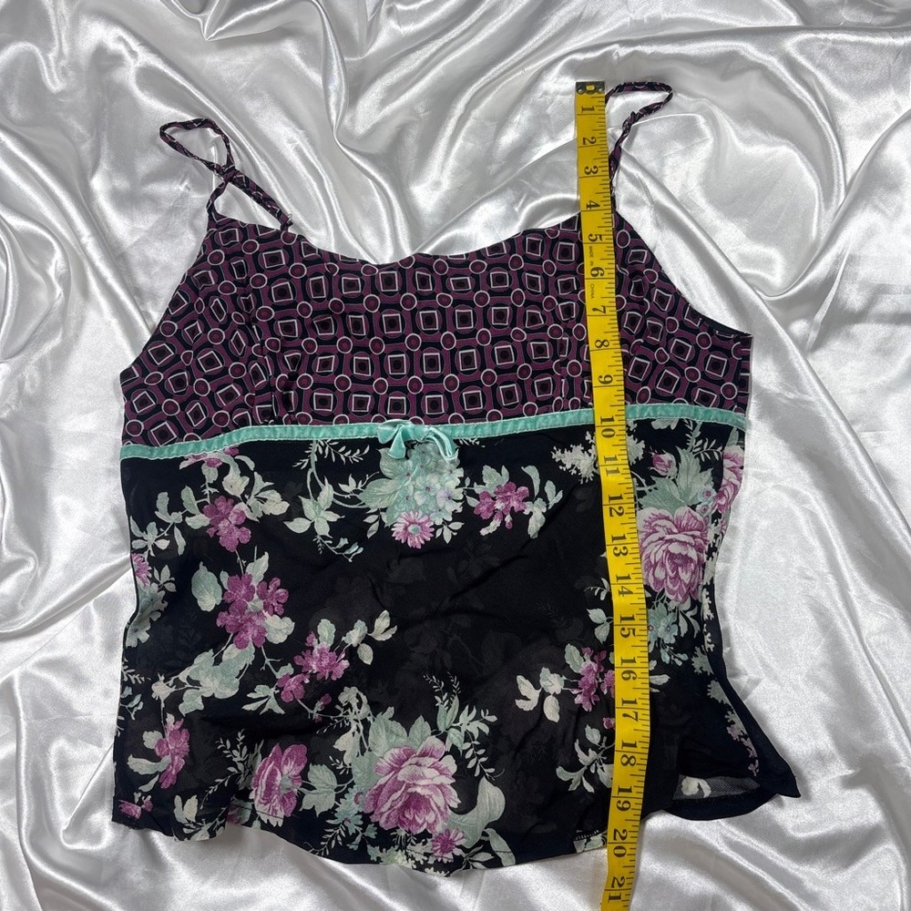 y2k GreenHouse silk Cami Top Black Floral Mixed Print Velvet Trim Bow 36 - Picture 6 of 7